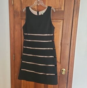 Classic Sleeveless Black Dress with Beige Stripe Accents